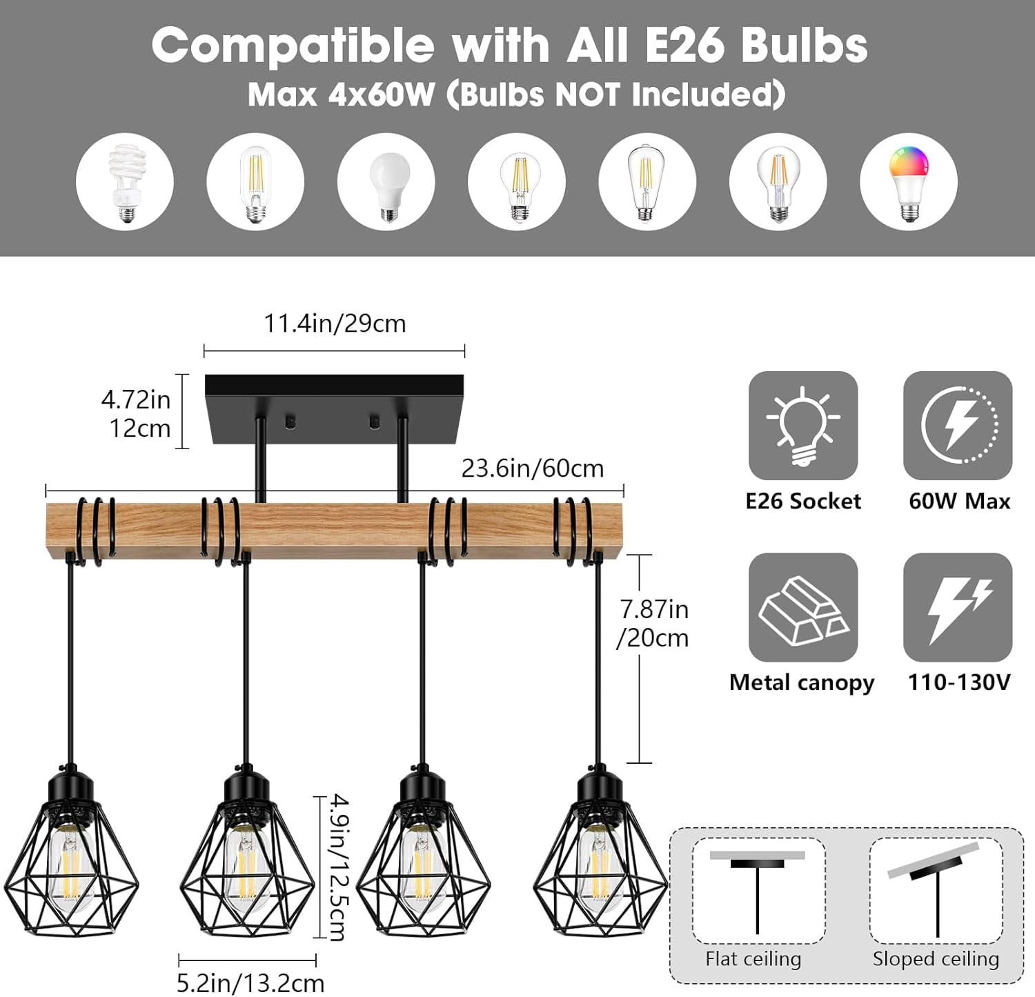 4-Lights Farmhouse Wood Kitchen Island Lighting Dining Room Light Fixtures Chandelier over Table Rustic Black Cage Pendant Lights Ceiling Hanging for Pool Table, Living Room, Hallway