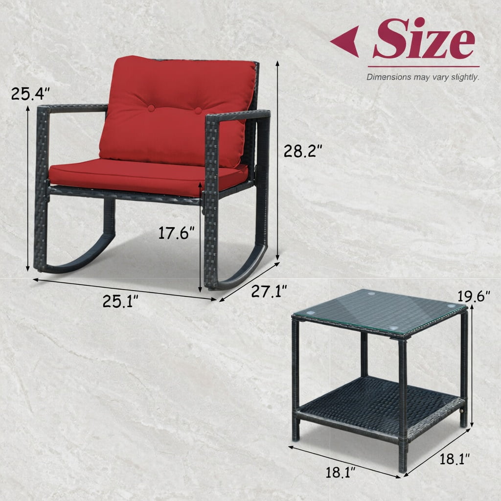 Hommoo 3-Piece Outdoor Wicker Rocking Bistro Set with Tempered Glass Coffee Table & Storage Shelf, Red