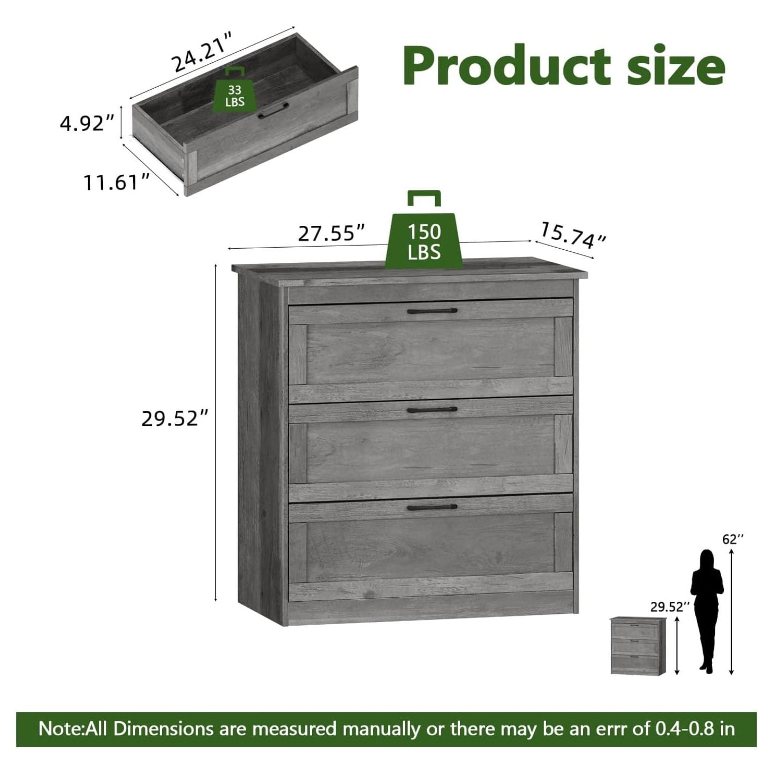 Farmhouse Chest of Drawers, Small Dressers with 3 Drawers for Bedroom, Living Room, Wooden Storage Cabinet, Grey