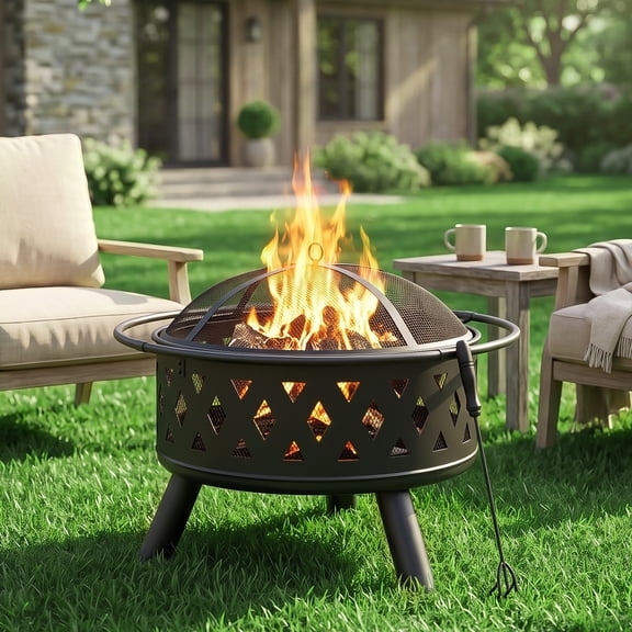 Ktaxon 30in Round Wood Burning Fire Pit, Cover & Handle for Patio Black, Diamond Pattern