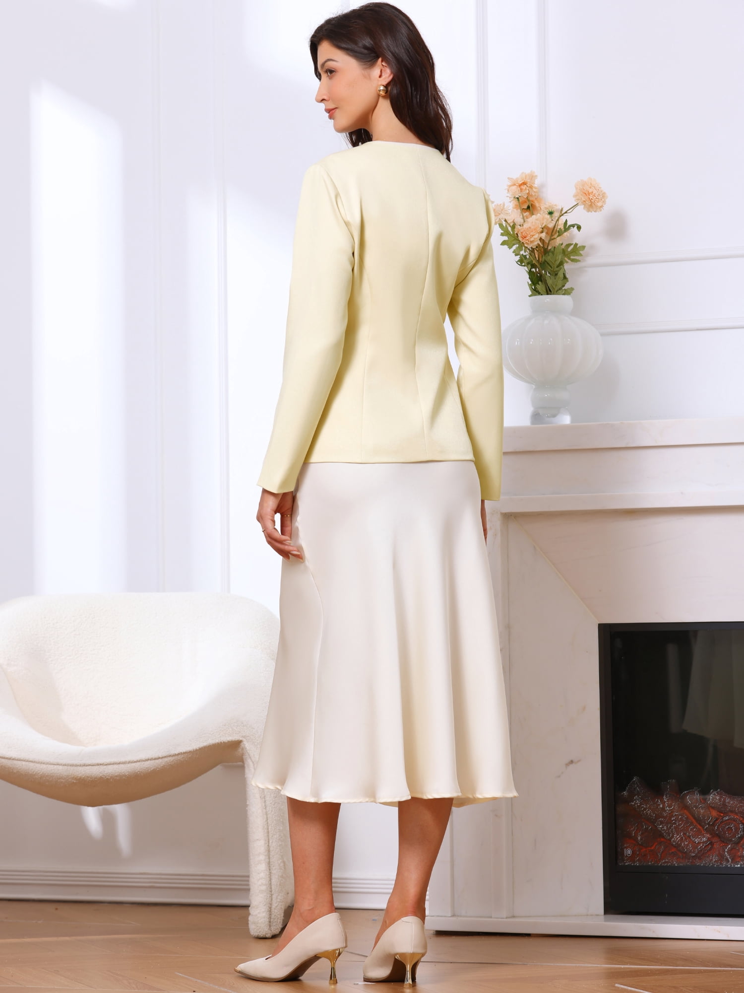 DARING DIVA Women's Collarless Long Sleeve Business Jacket Office Suit S Beige