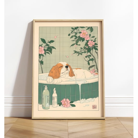 Cavalier King Charles Spaniel Art Print, Japanese Dog In Bathtub, Japandi Bathroom Print, Aesthetic Relaxing Decor Wall Art, Modern Wall Decor, 8x12 UNFRAMED