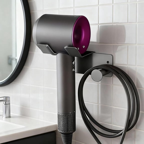 Wall-Mounted Hair Dryer Holder: No Drill, Space-Saving Bathroom Solution!