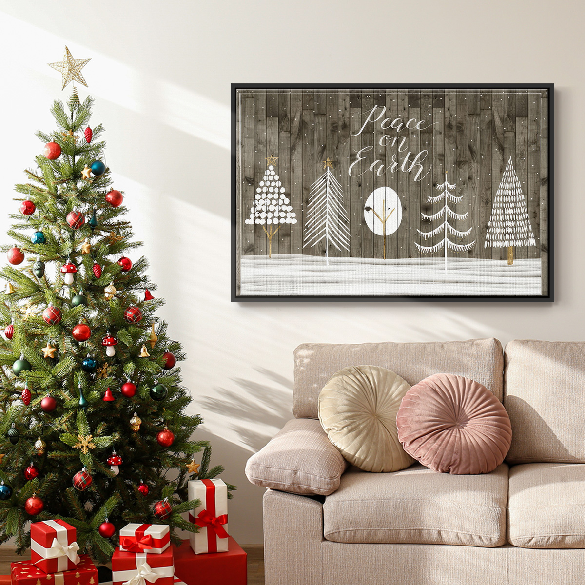Wooded White Christmas Collection A - Framed Gallery Wrapped Holiday Canvas - 25 x 37 - Black Frame