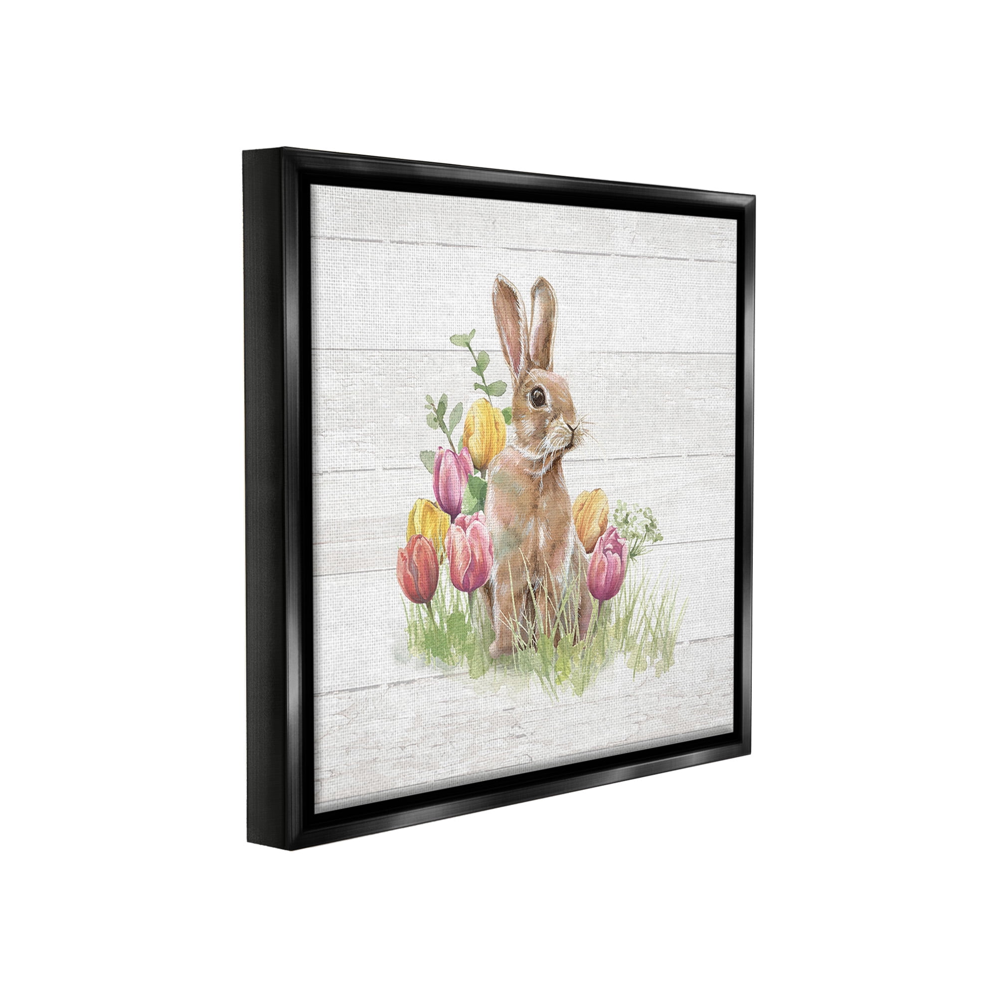 Stupell Industries Bunny & Spring Tulips Animals & Insects Painting Black Floater Framed Canvas Art Print Wall Art, 25 x 25