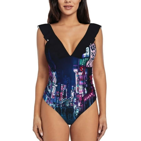 Nocturnal Alley Women Ruffle One Piece Swimsuit Sexy Bodysuit Monokini Swimwear Bathing Suit Japan Tokyo Alley Future Neon
