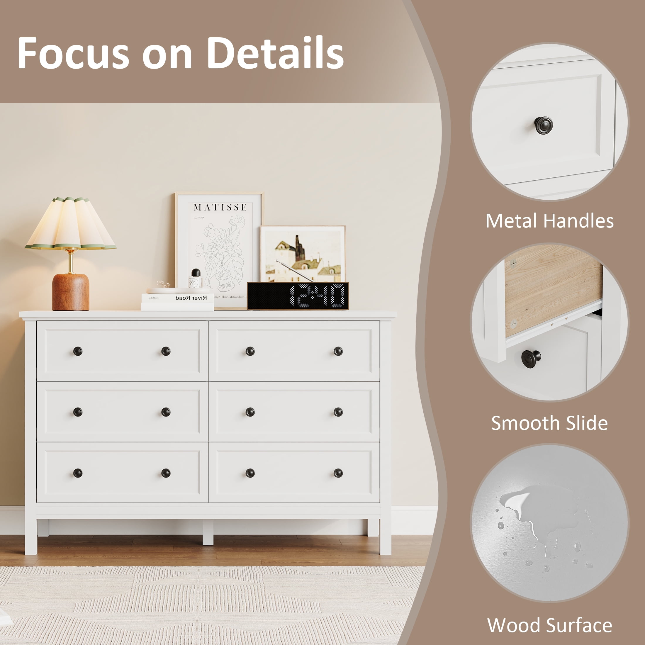 YouTrend White Dresser with 6 Drawer for Bedroom,Traditional Adult Chest of Drawers with Golden Handles for Living Room,Hallway