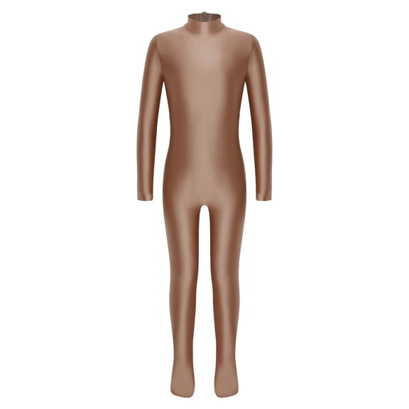 inhzoy Girls Footed Unitard Gymnastics One Piece Full Body Dance Leotard Catsuit Shiny Bodysuit for Training Brown 16