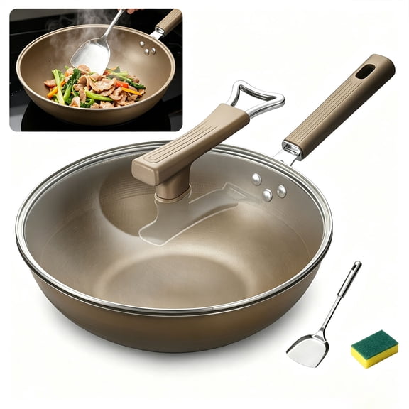 Liwantech 13.4 Inch Titanium Wok Pan with Lid, Household Non Stick Pan, Extended Cool-Touch Handle, Multi-Purpose Flat Bottom Wok Compatible with Induction Gas Stovetops
