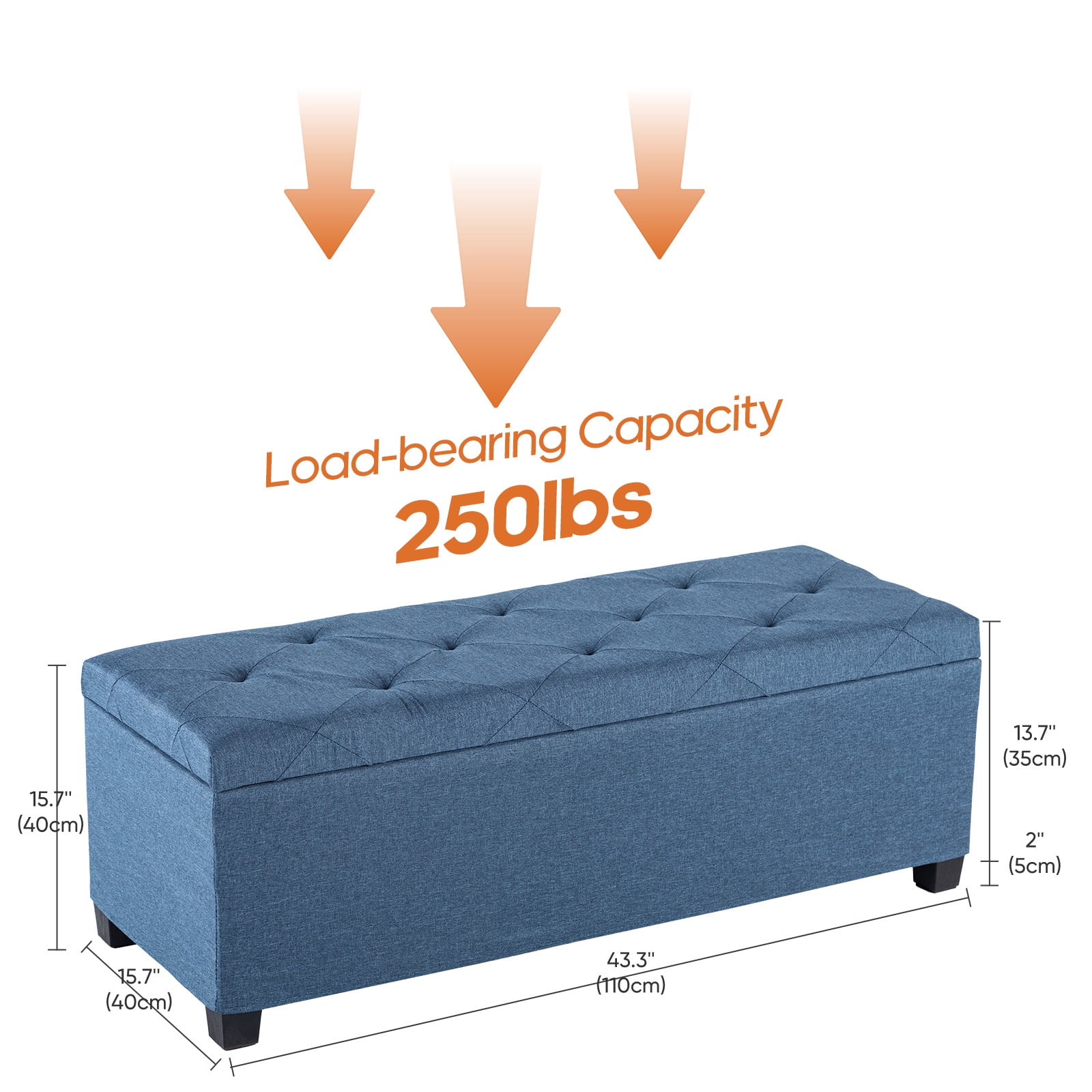 CONCETTA Versatile Storage Ottoman Bench, Tufted Upholstered End of Bed Chest, Foot Rest with Legs, Ample Capacity for Living Room, Entryway, Blue