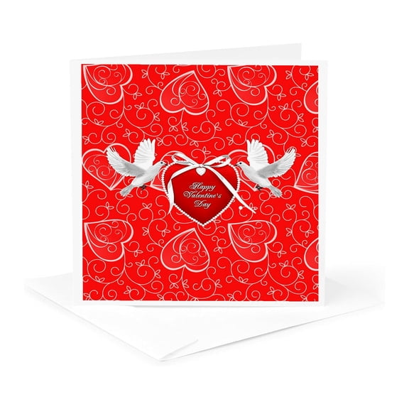 3dRose, Two White Doves, Heart, Bow , Happy Valentines Day, Red , 1 Greeting Card with envelope