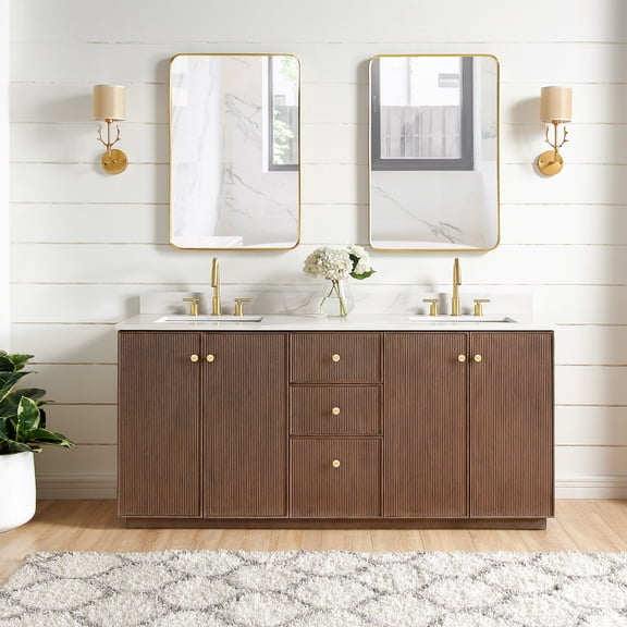 Oza 72" Bath Vanity in Aged Dark Brown Oak with Fish Maw White Quartz and Mirror
