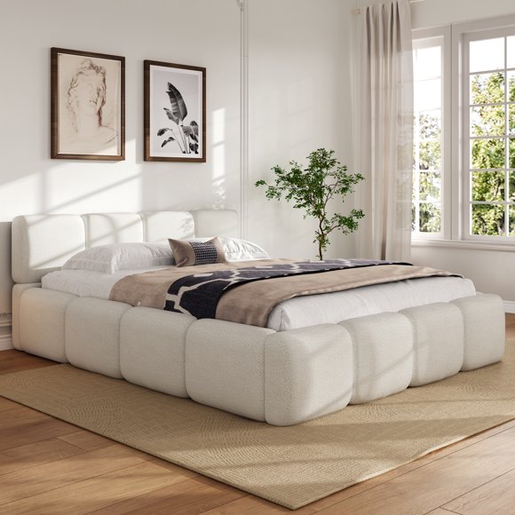 Noble House King Boucle Platform Bed,Thickened Headboard & Footboard,White