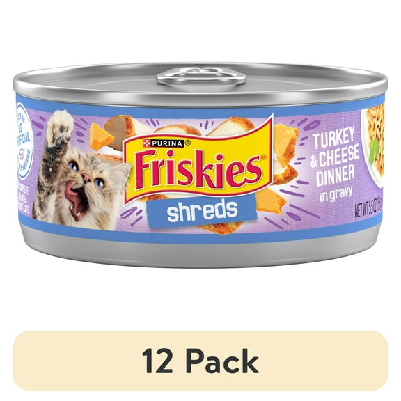 (12 pack) Purina Friskies Shreds, Turkey and Cheese Dinner in Gravy, Wet Cat Food, 5.5 oz Can
