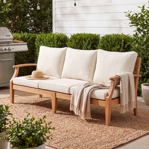 Vineego 3-Seater Patio Conversation Sofa, Eucalyptus Wood Outdoor Sectional Sofa with 4" Thick Cushions, Patio Furniture for Backyard, Deck, Balcony & Porch