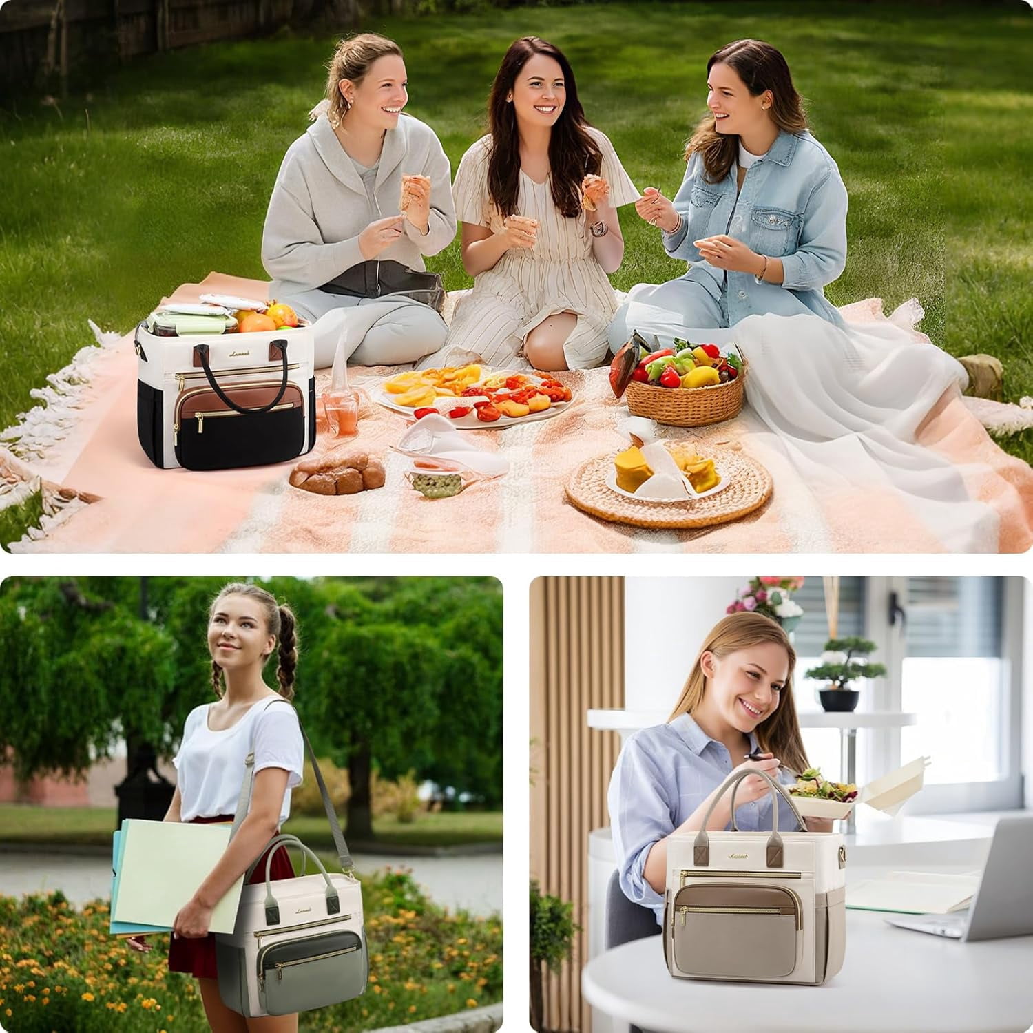 LOVEVOOK Insulated Lunch Bag Women,Wide Opening Adult Lunch Box Women,Large Leakproof Cooler Bag for Work Picnic Beach Family College,Lunch Teacher Tote Bag with Adjustable Shoulder Strap Cup Holder