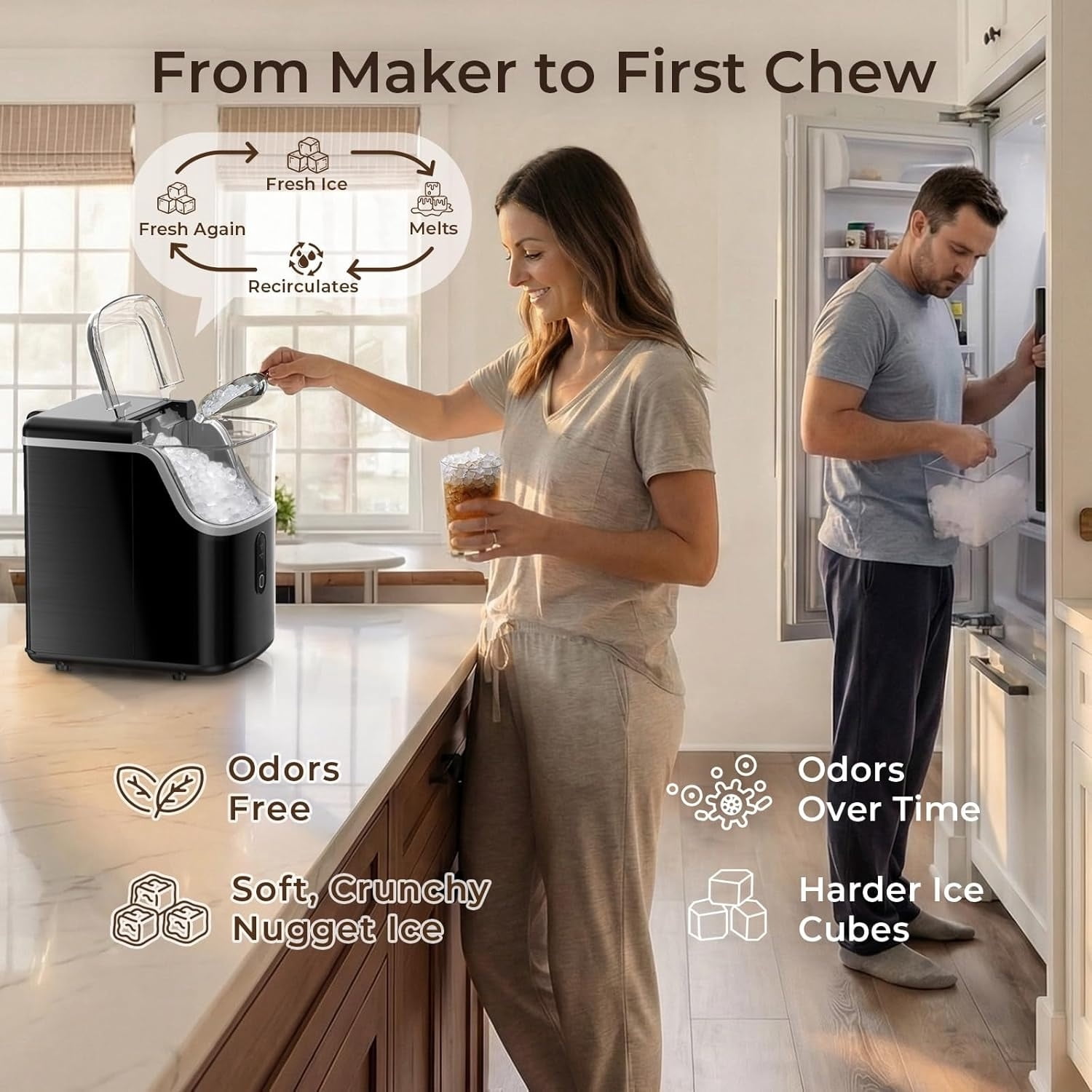 Nugget Ice Maker Countertop: 33lb/Day, Self-Cleaning, Black Stainless Steel, Portable, Soft Chewable Pebble Ice Machine for Home Kitchen, RV & Office