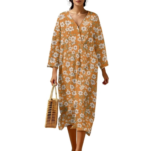 DISNIMO Womens Midi Dresses Floral Print 3/4 Sleeve Casual Dress V Neck Maxi Dress Casual Summer Dresses Fashion Outfits, S