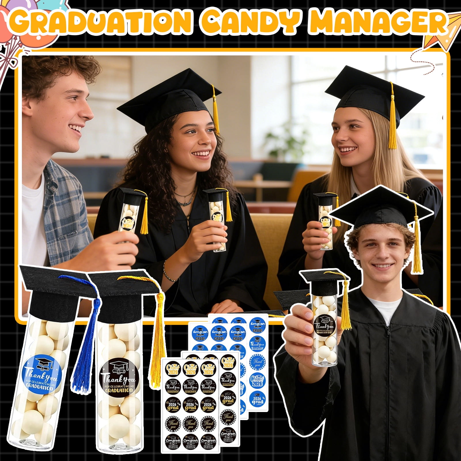30 Pcs Graduation Candy Tubes 2026 Graduation Party Favors Candy Boxes Plastic Grad Cap Jars Container with Tassels and Stickers for DIY Grad Table Party Favors ,Blue