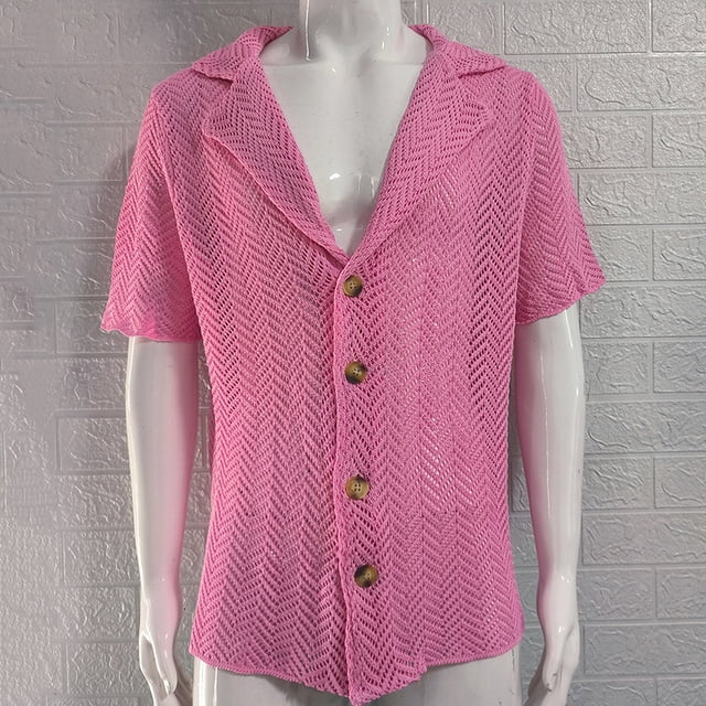 Camisa de punto hueca de verano para hombre, de color liso, ajustada, con solapa, de manga corta, ropa informal europea y americana para hombre