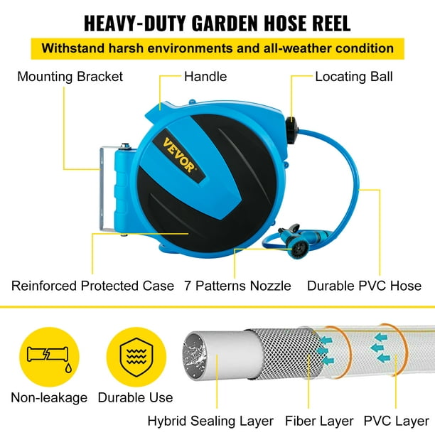 VEVOR Retractable Hose Reel, 5/8 inch x 65 ft, Any Length Lock & Automatic  Rewind Water Hose, Wall Mounted Garden Hose Reel w/ 180° Swivel Bracket and