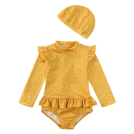 Rhuody Girls  Swimwear 6-12 Months 1 Pieces Swimwear Baby Floral Print Long Sleeve Bathing Suit Bikini Tankini With Hat Soft Beach Wear Yellow