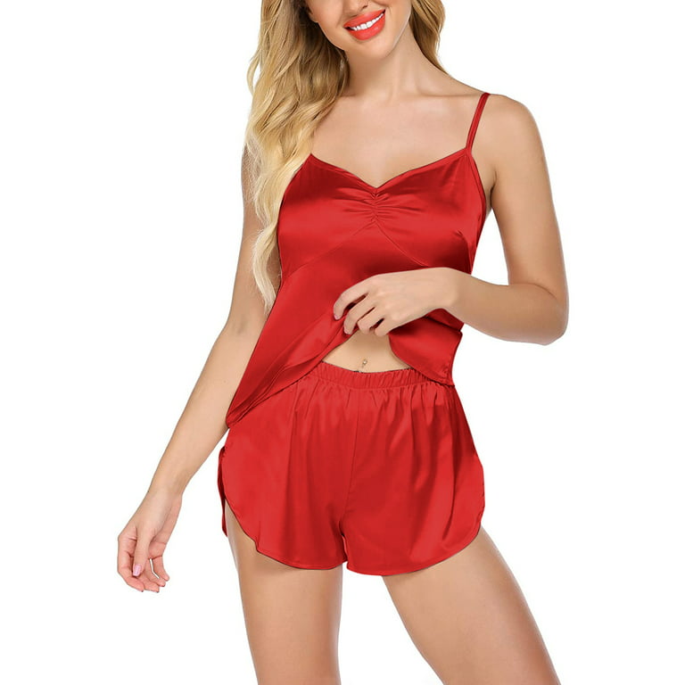 Teddy Lingerie For Women Satin Silk Up Pajamas Romper Sleepwear Red S