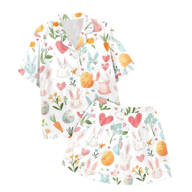PMVFHDE Pyjamas pour Filles Ensemble de Pyjama Deux Pièces à Manches Courtes Imprimé de Pâques Blanc, 3-4 Ans