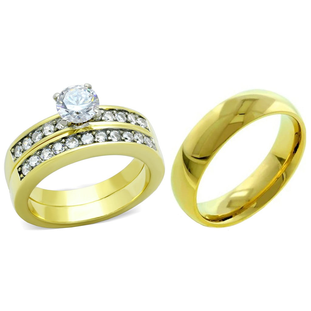 His & Hers 3 Piece 14K Gold Plated Stainless Steel CZ Wedding Ring Band Set 