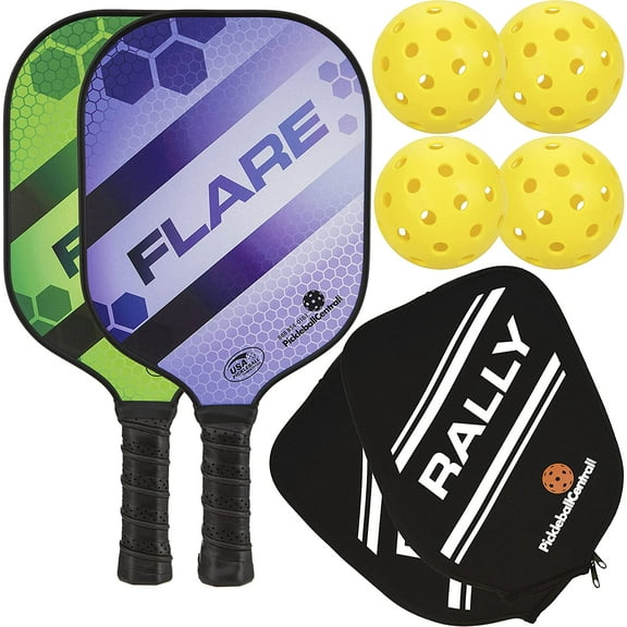 Rally Flare Graphite Pickleball Paddle | 2 Player Pack with Pickleballs and Paddle Covers | Polymer Honeycomb Core, Graphite Hybrid Composite Face | Lightweight