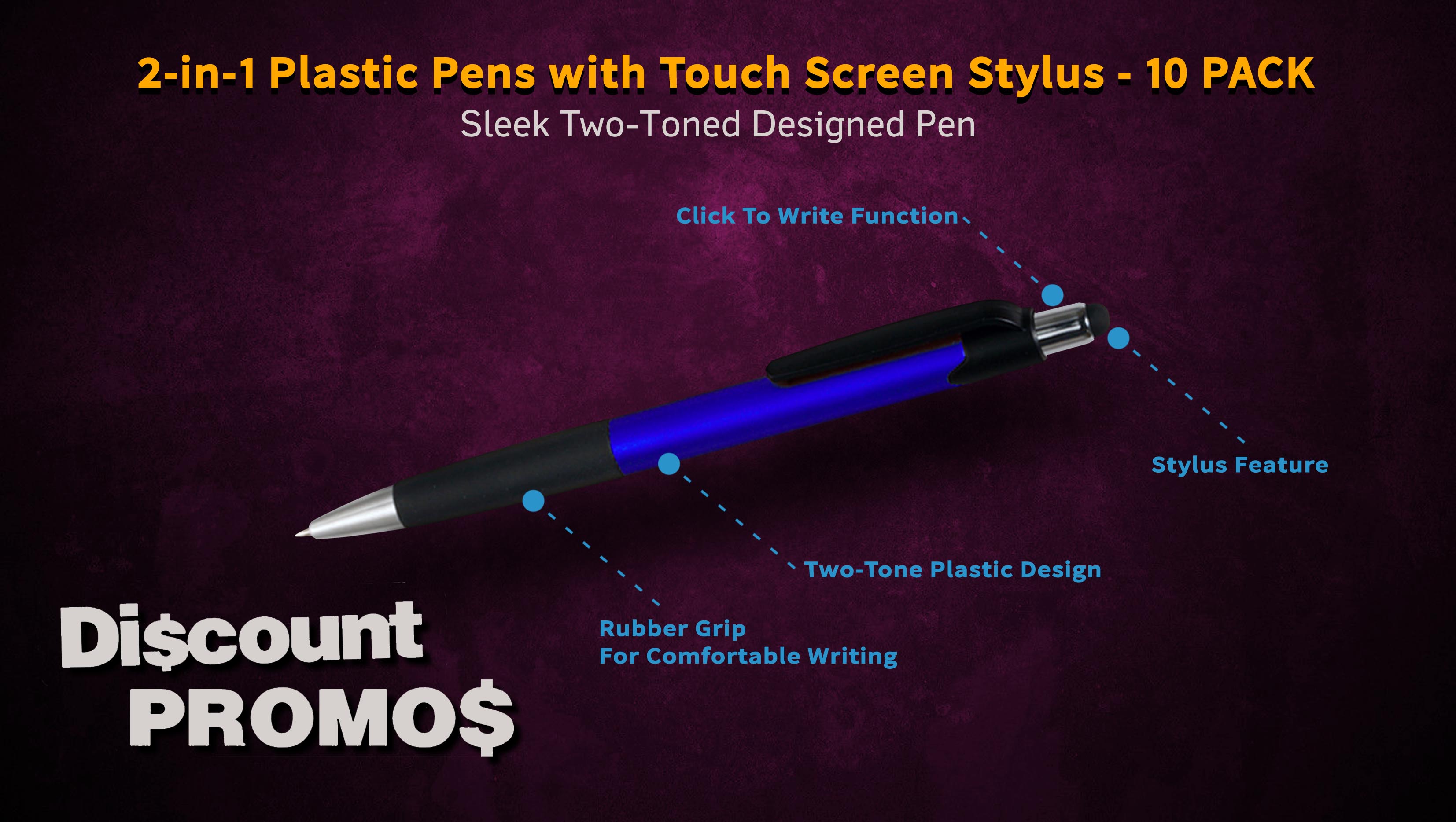 Pens with Touch Screen Stylus - 10 pack - Plastic Pens - Metallic Blue