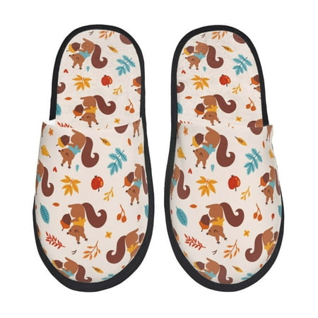 Balery Forest Squirrel Nuts Slient Indoor Furry Fleece Comfort House Shoes Soft Non-Slip Home Shoes Cotton slippers House Slippers-- Large