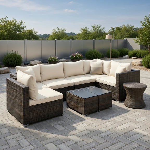Topcobe 7 Pieces Patio Rattan Furniture Set with Sectional Sofa Cushions, Outdoor Patio Furniture-Beige