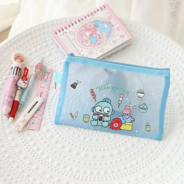 Sanrio Mesh Zipper Pencil Bag Hello Kitty Cinnamoroll Kuromi Student Storage Case Transparent Protable Stationery Cosmetics Bag Loveliness