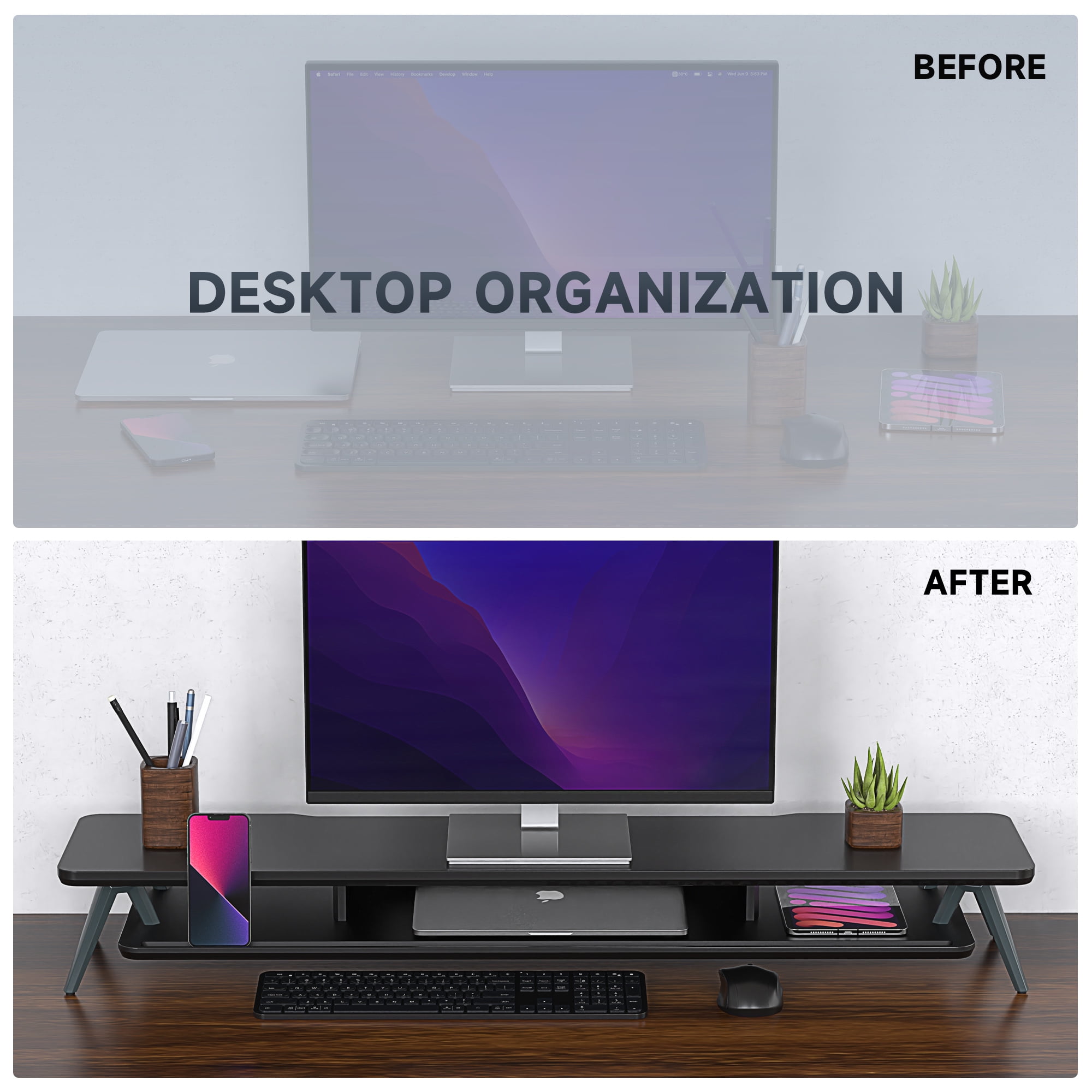 Dual Monitor Stand, 42.5 Inch Wood Desk Shelf with Storage Organizer and Cable Management for Office Desk Accessories