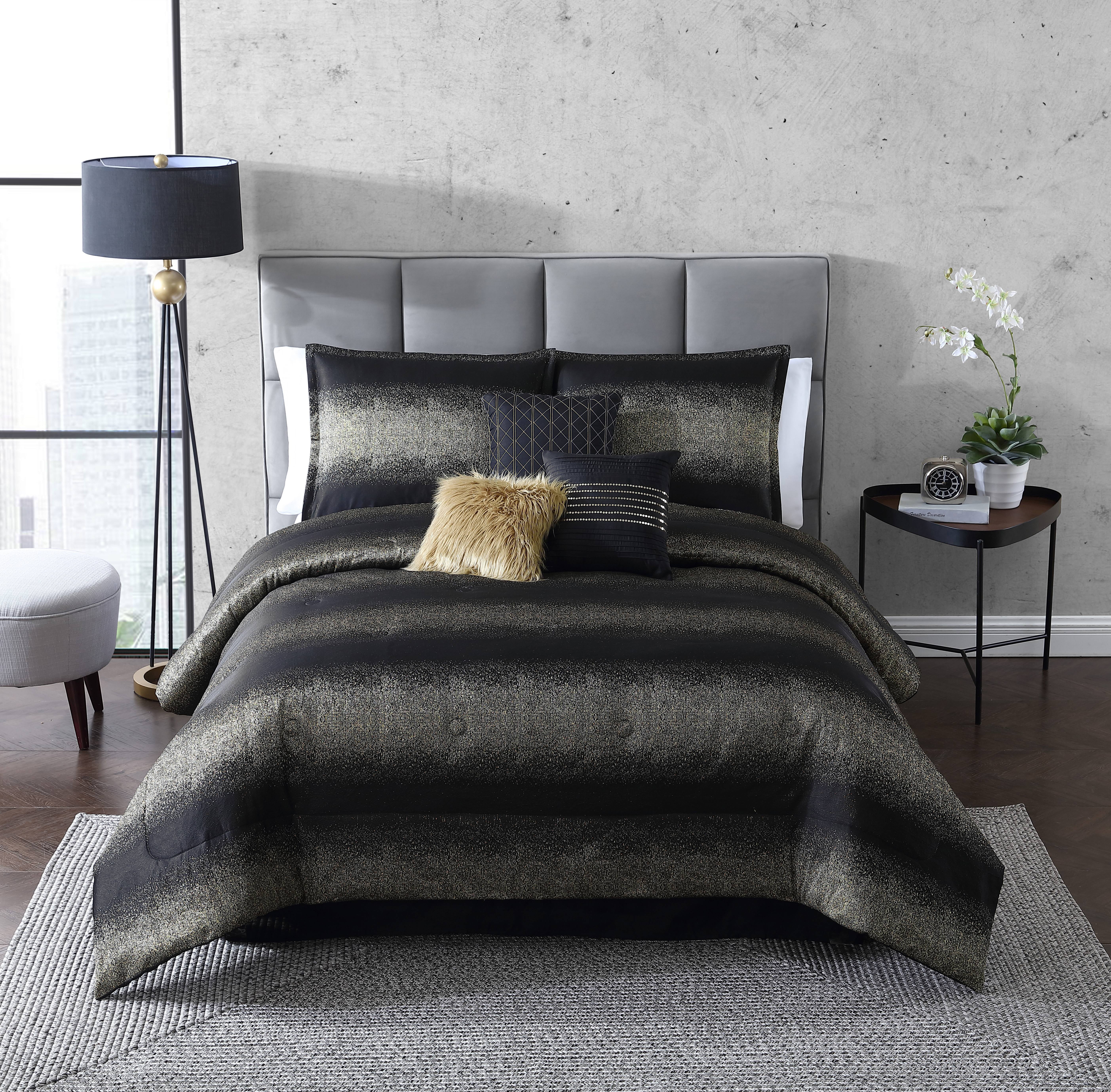 Metallic Stripe Jacqquard Comforter Set, Silver And Black King Size Bedding