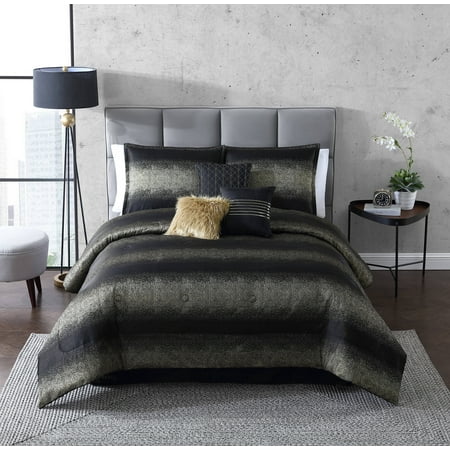 Mainstays 7-Piece Metallic Stripe Jacquard Comforter Set, Black and Gold, Full/Queen