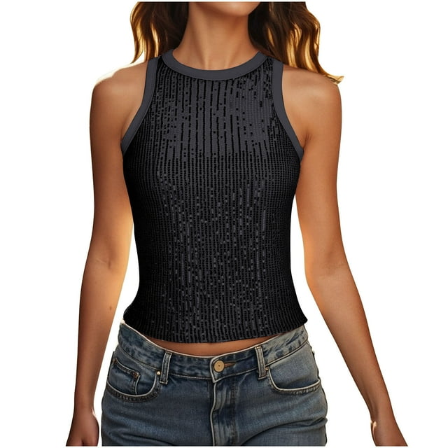 VSSSJ Débardeur à Paillettes pour Femme, Scintillant, Coupe Ajustée, Été, Sans Manches, Col Rond, Hauts, Boîte de Nuit, Sortie, Fête, Camisole, Noir, P