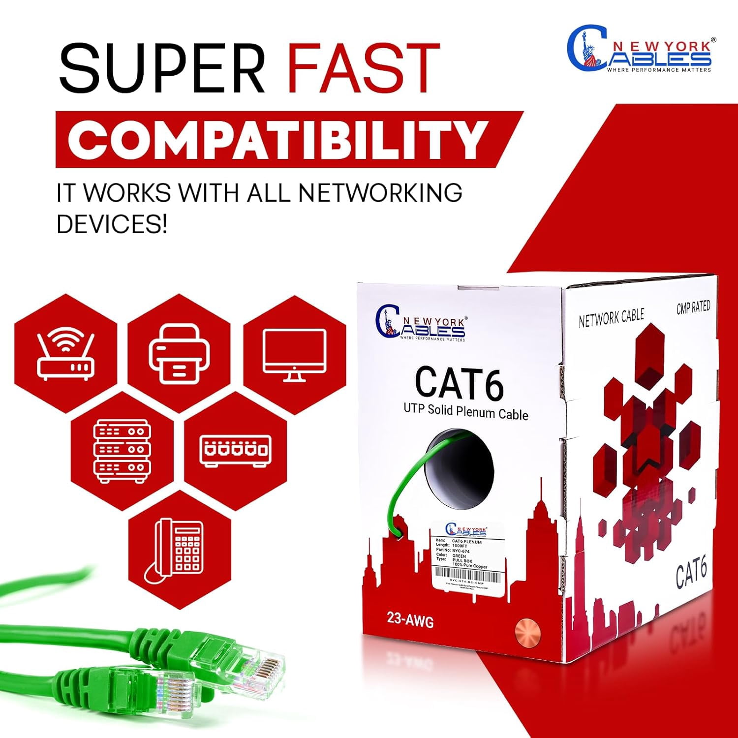 NewYork Cables | Cat6 Plenum Ethernet Cable Pure Copper 1000ft UTP 4Pairs 550MHz 23AWG 10 GB Green