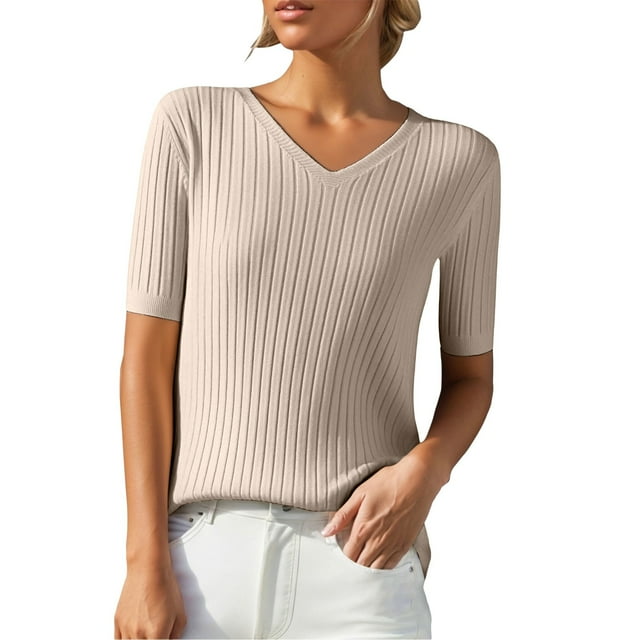 Chandails d'Automne d'Hiver Grande Taille pour Femmes T-Shirt Ample à Col Rond à Manches Courtes avec Bas en Tricot Court Kaki G