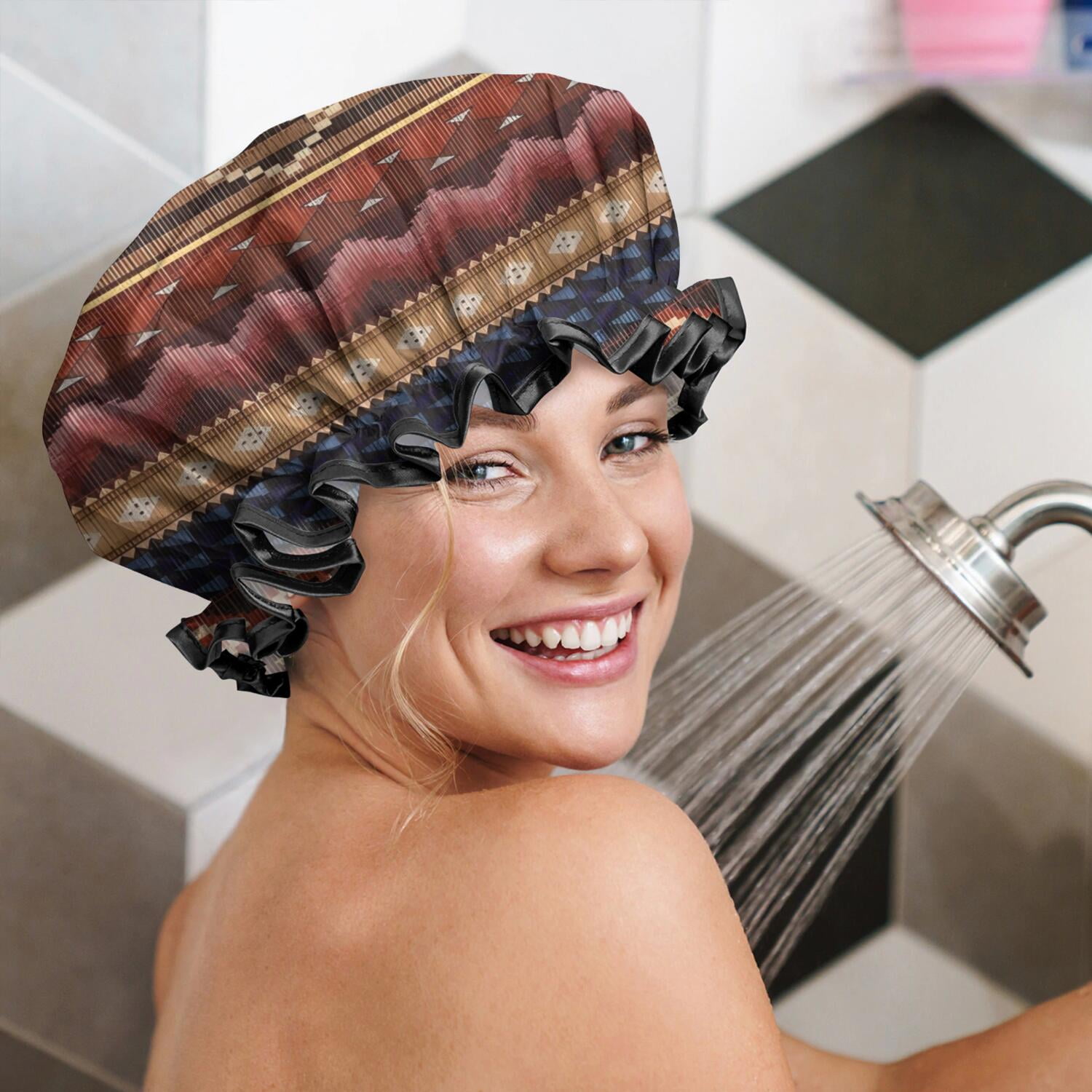 Shower Caps,Boho Multicolor Geometric Ethnic Pattern Waterproof Shower Cap for Women 4 Pieces,Double Reusable Hair Cover for Shower PEVA Elastic Stretch Hem