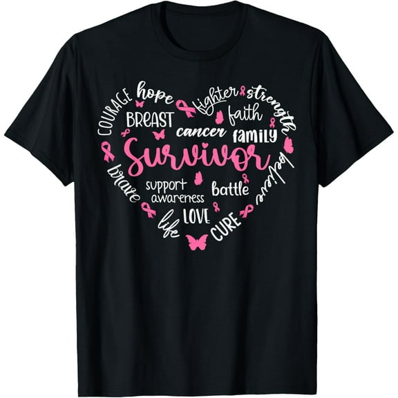 Pink Ribbon Heart Breast Cancer Awareness Survivor Warrior T-ShirtMen and women, Black T-shirt, size: Extra large