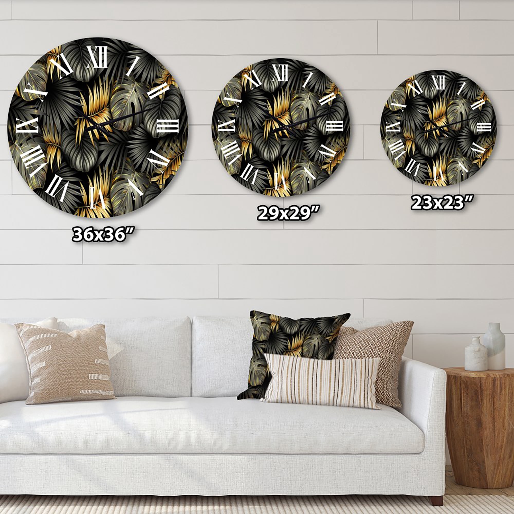 Designart 'Black And Gold Tropical Leaves Ii' Modern Wall Clock