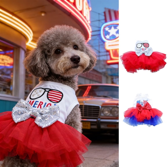 4th of July 250th Anniversary Patriotic Pet Costumes, Ruffled Red White Blue Tulle Skirt for Small Medium Cats Dogs Independence Day Party Outdoor Decor, B-M