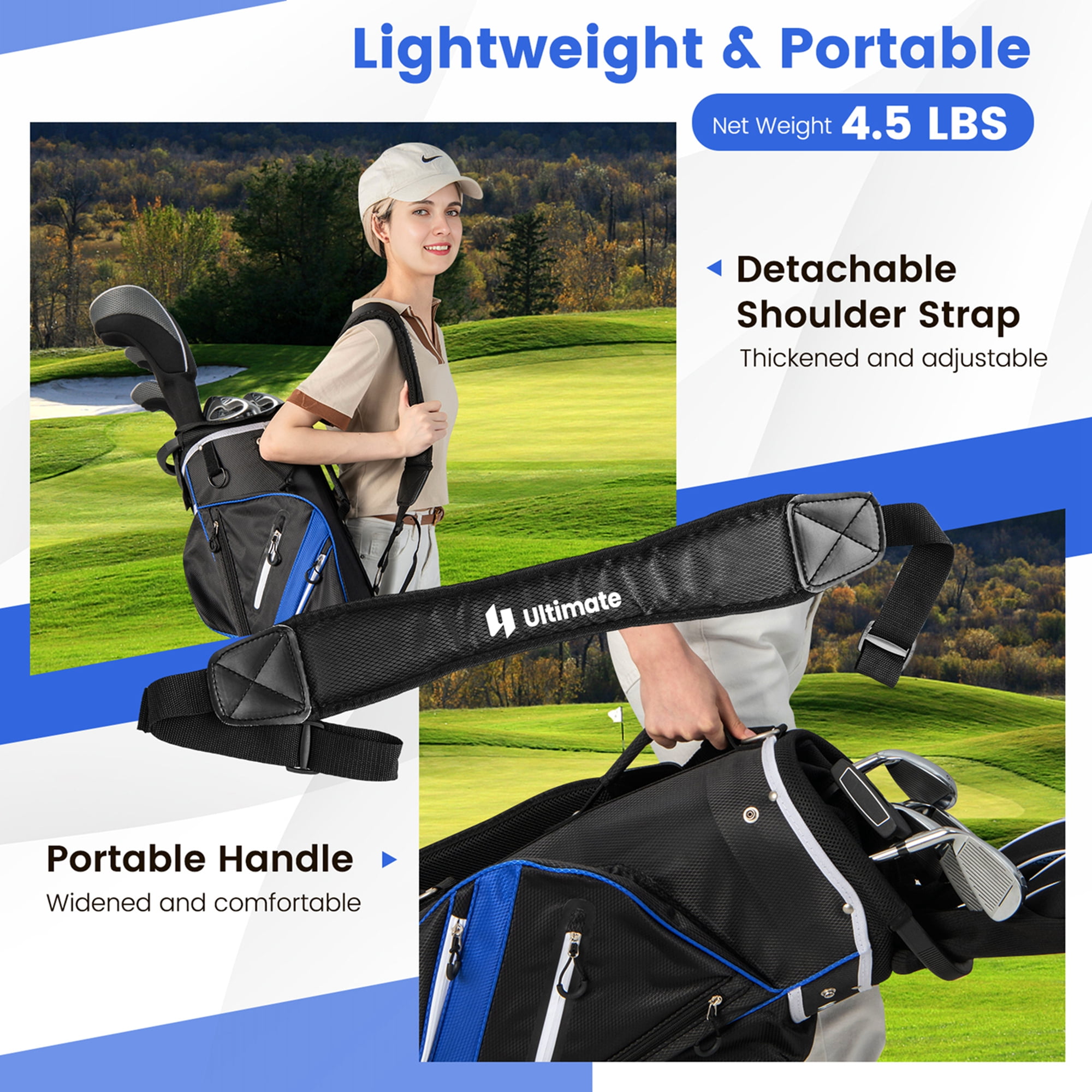 Costway Lightweight Golf Cart Bag with 14 Way Top Dividers 9 Pockets Rain Hood Cooler Bag Blue
