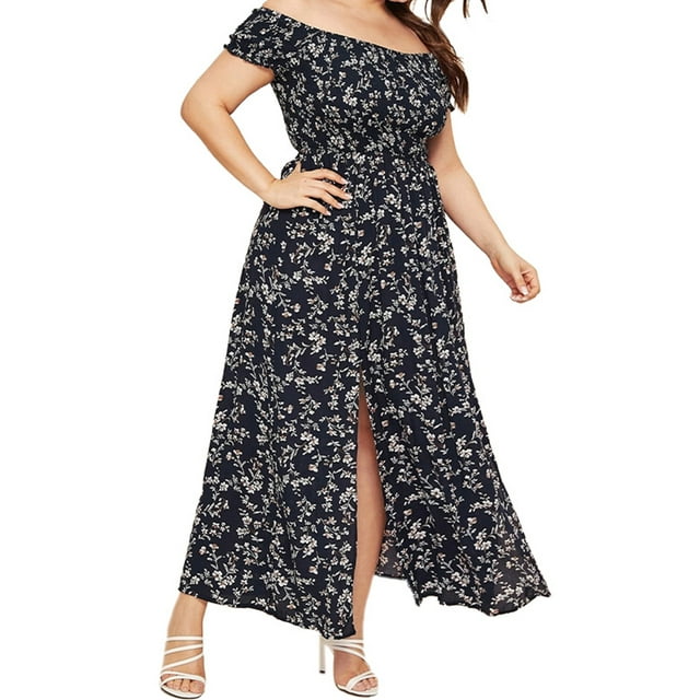 HIMONE Robe Maxi Bohème d'Été à Épaules Dénudées pour Femmes, Imprimé Floral, Longue Robe de Plage Fendue, Grande Taille, Robe de Bal