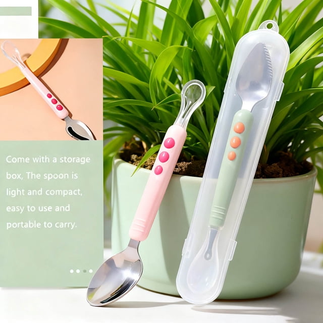 Tableware 2 Double Head Silicone Food Spoon with Storage for Easy Grip and Self Feeding Lightweight Portable Utensil for Fruit Puree Scraper Training and Soft Feeding