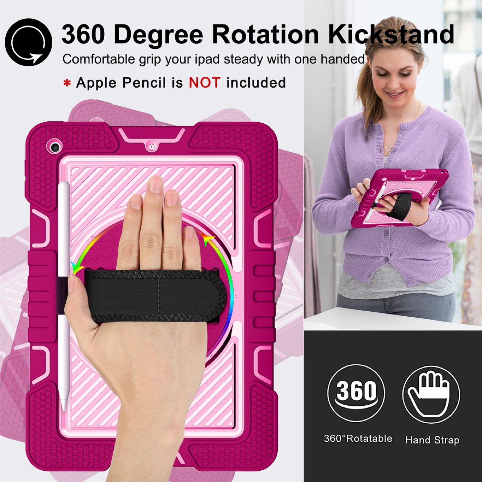 ELEHOLD Rugged Case For Apple iPad 11th(A16) 2025 Three-Layer Hybrid Muti-Functional Case with 360° Rotating Kickstand Pencil Holder Handstrap Shoulder Strap Shockproof Case ,D
