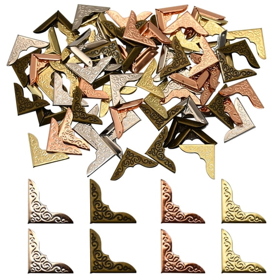 80Pcs Metal Book Corner Protector, Vintage Iron Book Corner Protector for Scrapbook Photo Album, Triangle Carved Notebook Folder Corner Decorative Frame Angle (4 Colors)