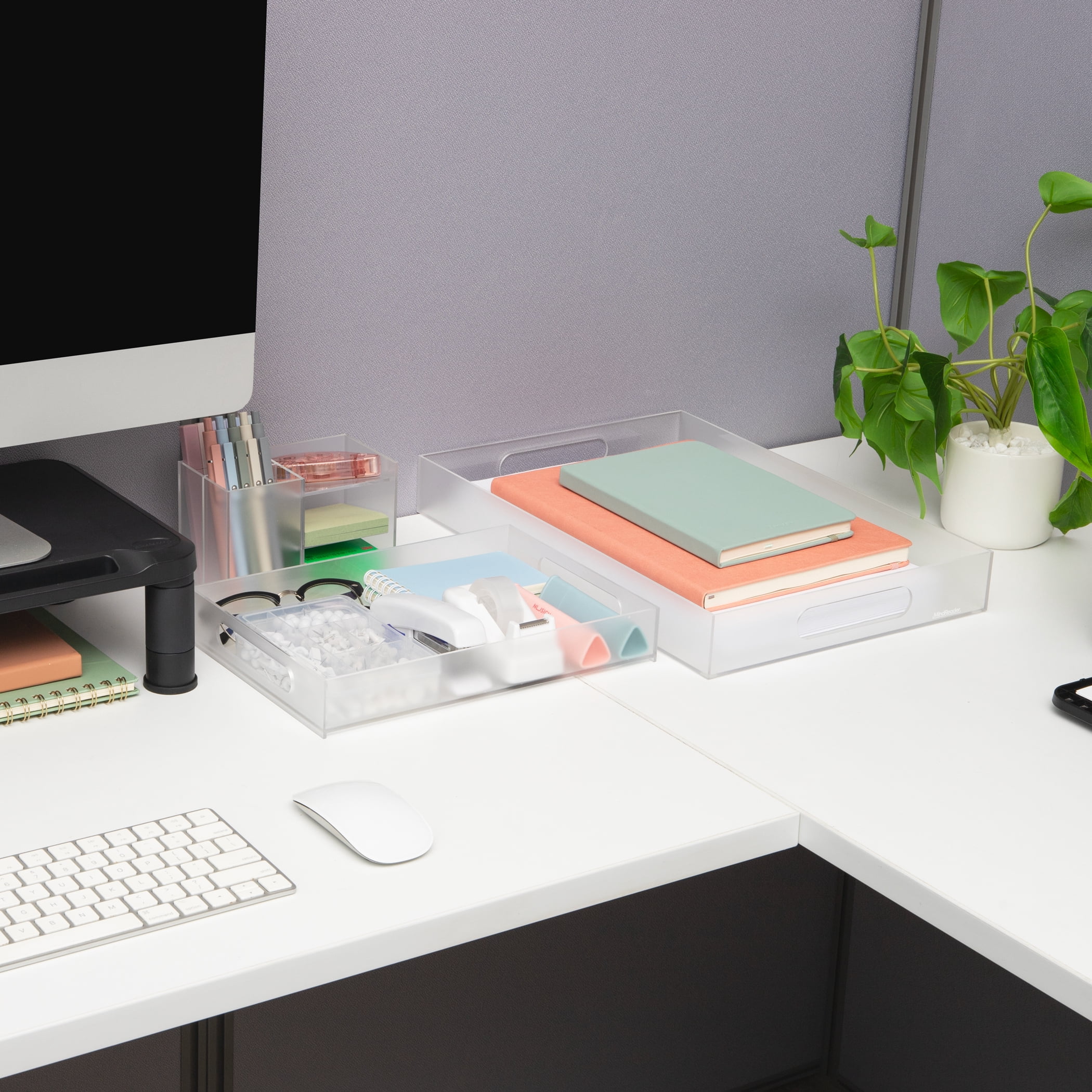 Mind Reader 3-Piece Acrylic Desktop Organizer Set, Frosted Clear Paper Tray, Accessory Tray, Pen and Supply Organizer